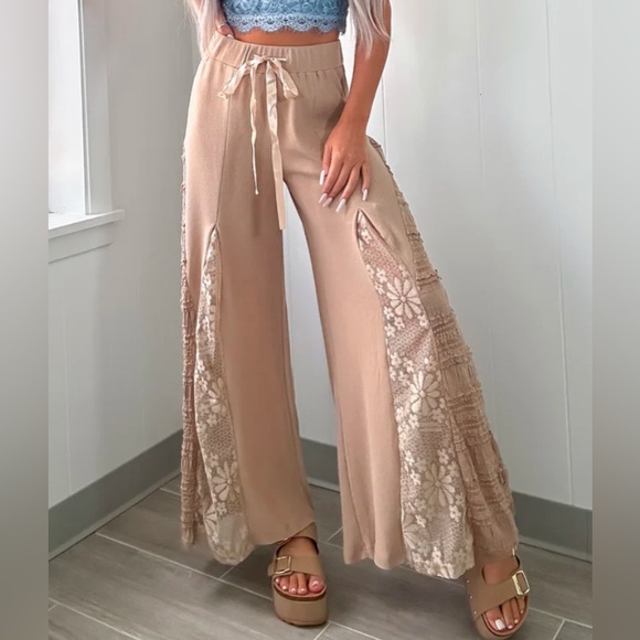 NWT POL Lace Panel Drawstring Waist Ultra Wide Leg Comfy Soft Pants Latte - Picture 2 of 5